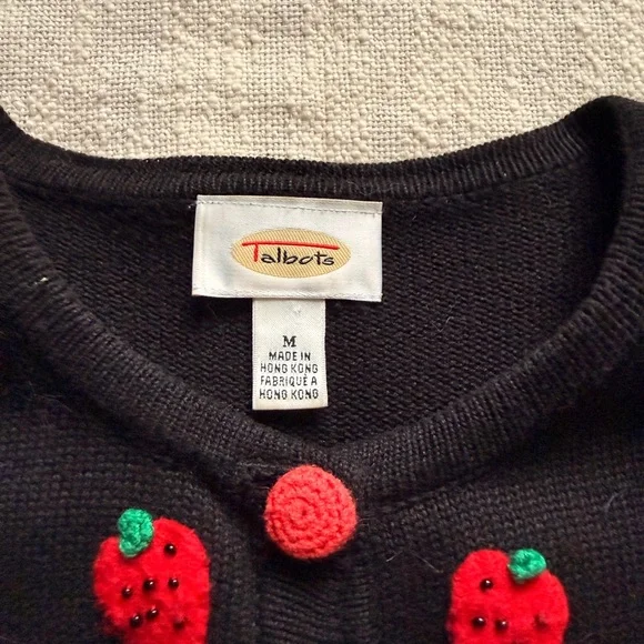 Vintage Rare Talbots Cardigan with Whimsical Fruit Embroidery Playful Buttons - Picture 2 of 7